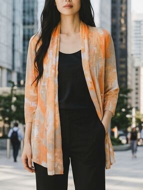 Multiples Orange & Cream Open Front Lightweight Cardigan